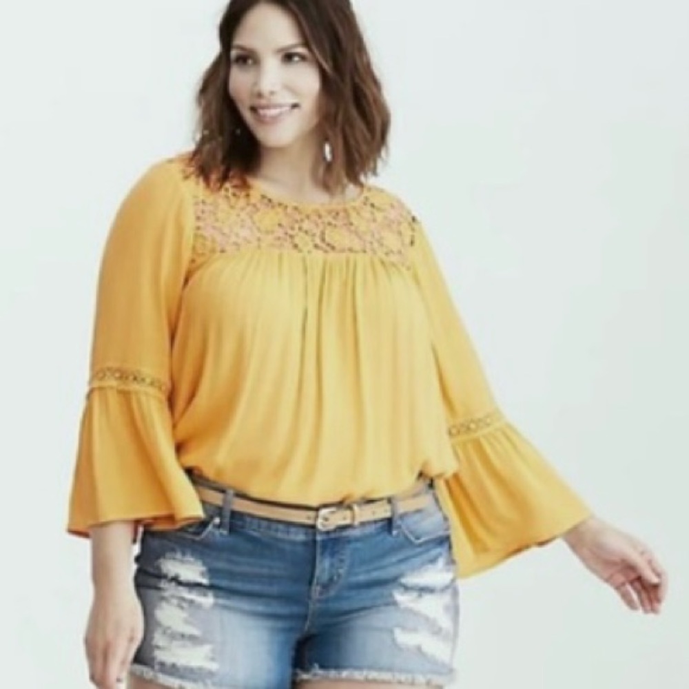 Torrid Boho Lace Inset Gauze Blouse Yellow Size 1X - Picture 10 of 10